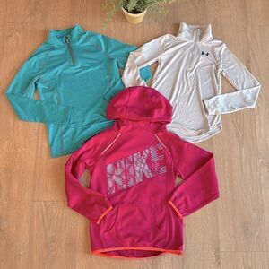 ((3 PIECE)) GIRLS UNDER ARMOUR AND NIKE SWEATSHIRT L/S SHIRT BUNDLE SIZE MEDIUM